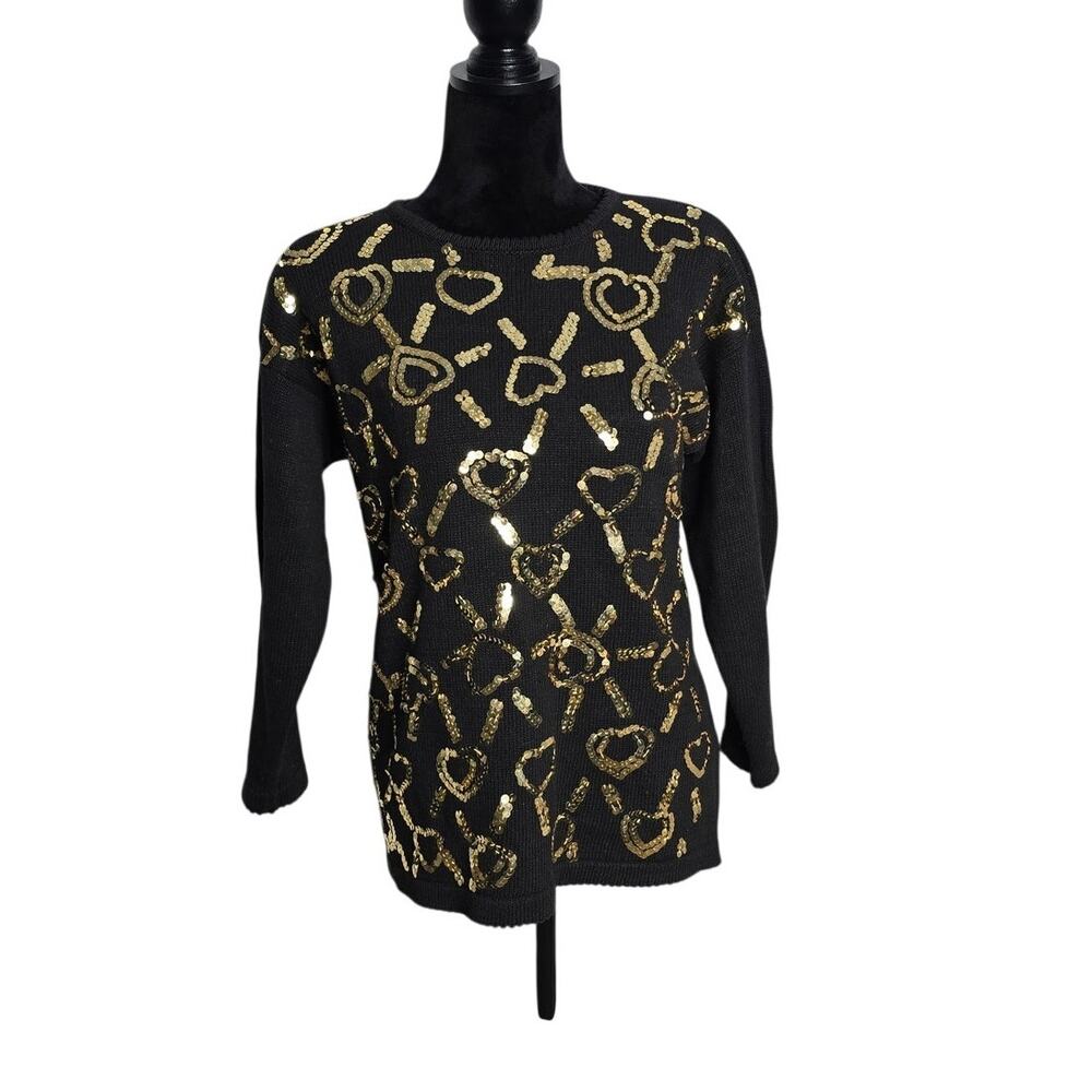 Kathie Lee Black Gold Sequin Sweater Womens S Small Vintage 90s Glam Statement